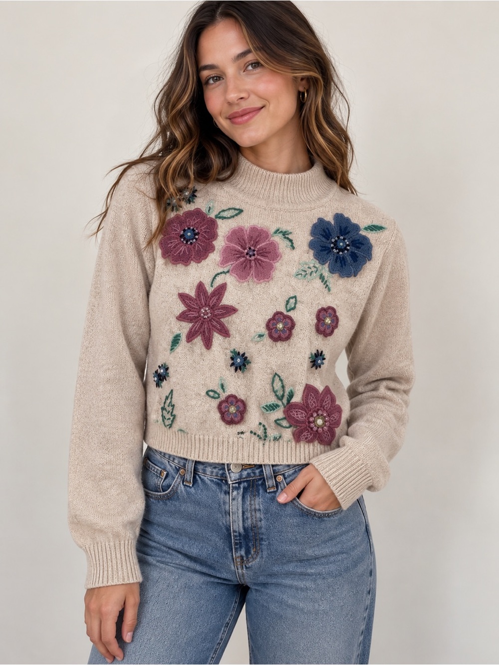 Alfred Dunner Petite Floral Appliqué Embroidered Sweater PL
